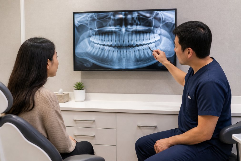 A dentist in a modern clinic calmly showing a patient a panoramic x-ray on a wall-mounted screen, both seated, warm overhead lighting illuminating the consultation room