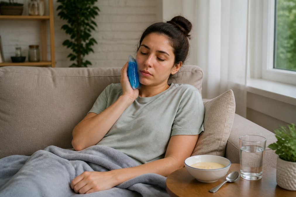 A young adult resting on a couch at home, holding an ice pack gently against their jaw, with a glass of water and a bowl of soft food on the side table, soft natural light from a nearby window