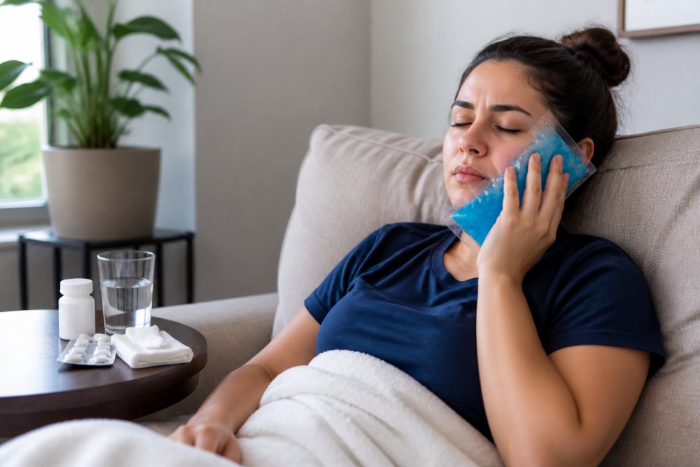 Person at home applying ice pack to cheek while resting, with recovery care items including gauze and pain medication visible on table nearby