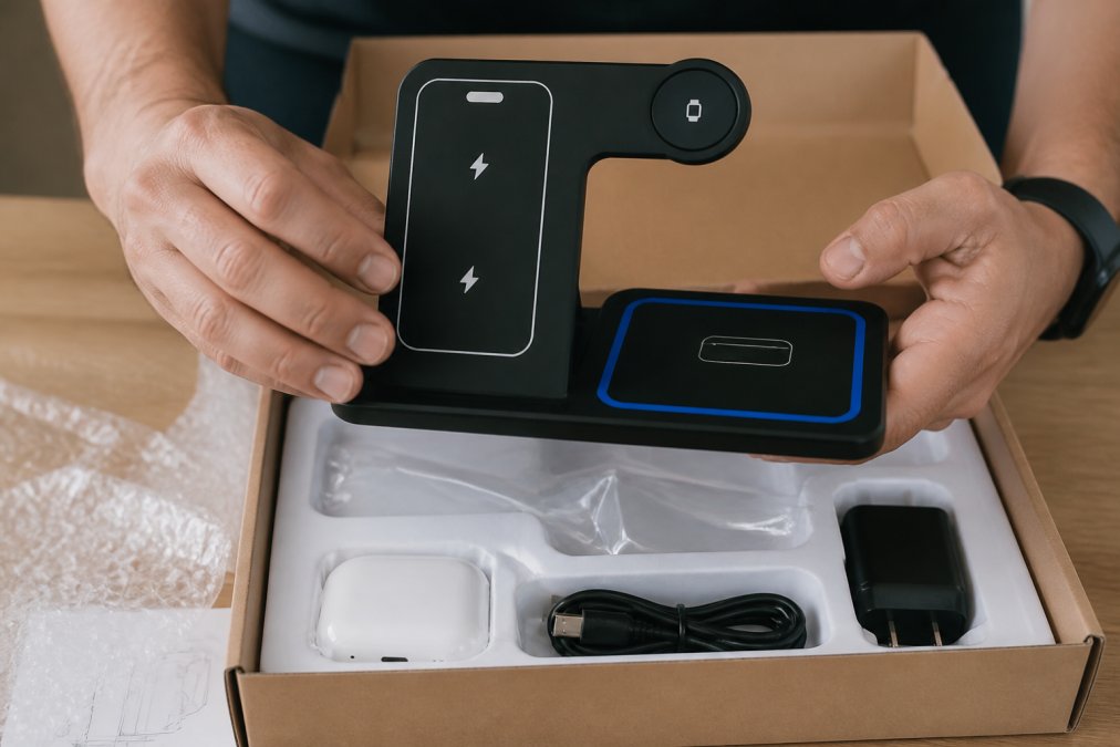 Close-up of hands carefully unboxing electronics with packaging materials visible, inspecting product condition and components during delivery verification