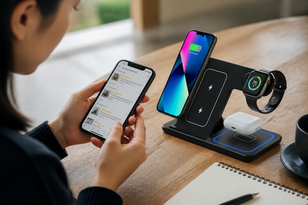 Person at desk reviewing product ratings and customer reviews on smartphone, reading detailed feedback before purchasing electronics online