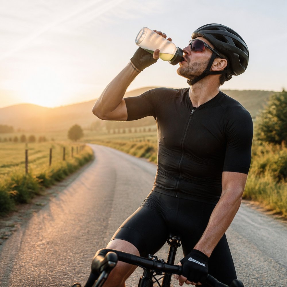 Ein Langstreckenradfahrer trinkt während einer intensiven Trainingseinheit aus einer Trinkflasche mit Sportgetränk, im Hintergrund eine ländliche Straße bei Sonnenaufgang