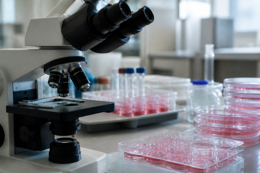 Close-up of a microscope on a lab bench with cell cultures in the background, soft lighting, scientific atmosphere
