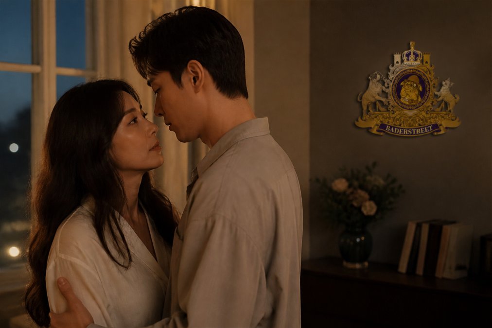 Uhm Jung-Hwa and Park Seo-Joon sharing an intimate moment in a dimly lit scene, their expressions conveying both vulnerability and growing affection, with soft evening lighting through a window