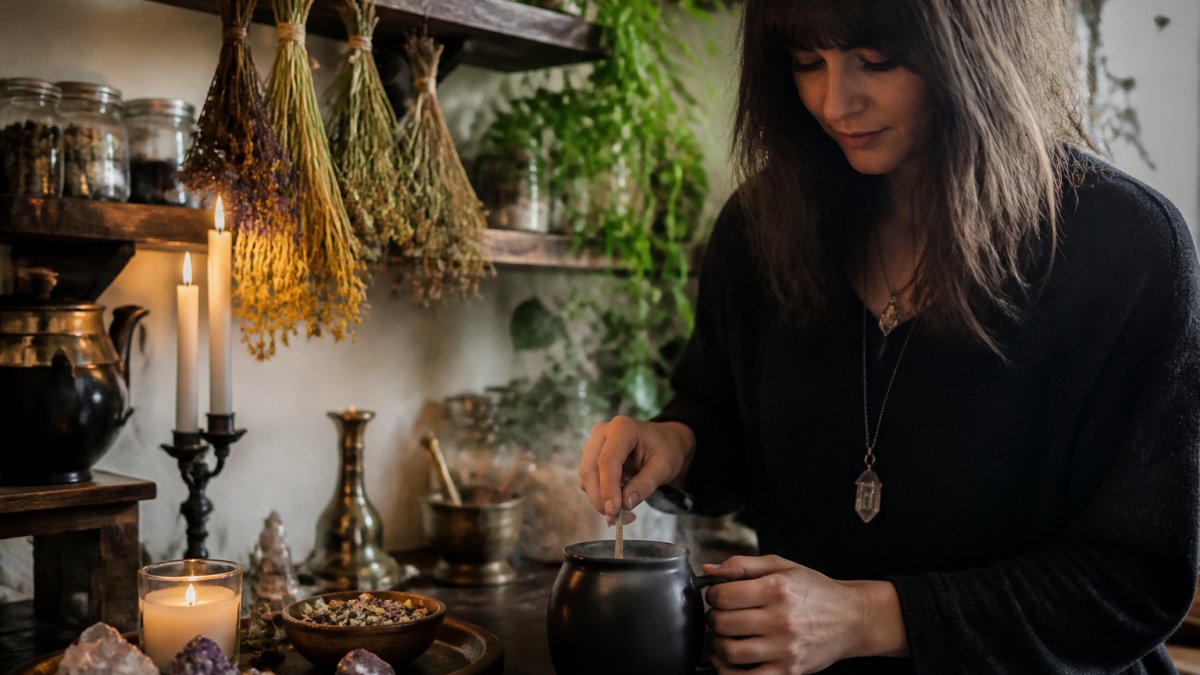 A cozy witchy coffee bar corner with a cauldron mug, dried herbs hanging from a shelf, a small crystal cluster, a vintage wooden tray, and a steaming cup of coffee on a dark wooden counter, soft candlelight in the background