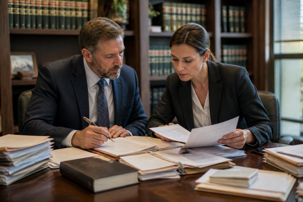 Defense attorney and investigator reviewing case files and witness interview notes at a desk with legal documents and laptop in professional office setting
