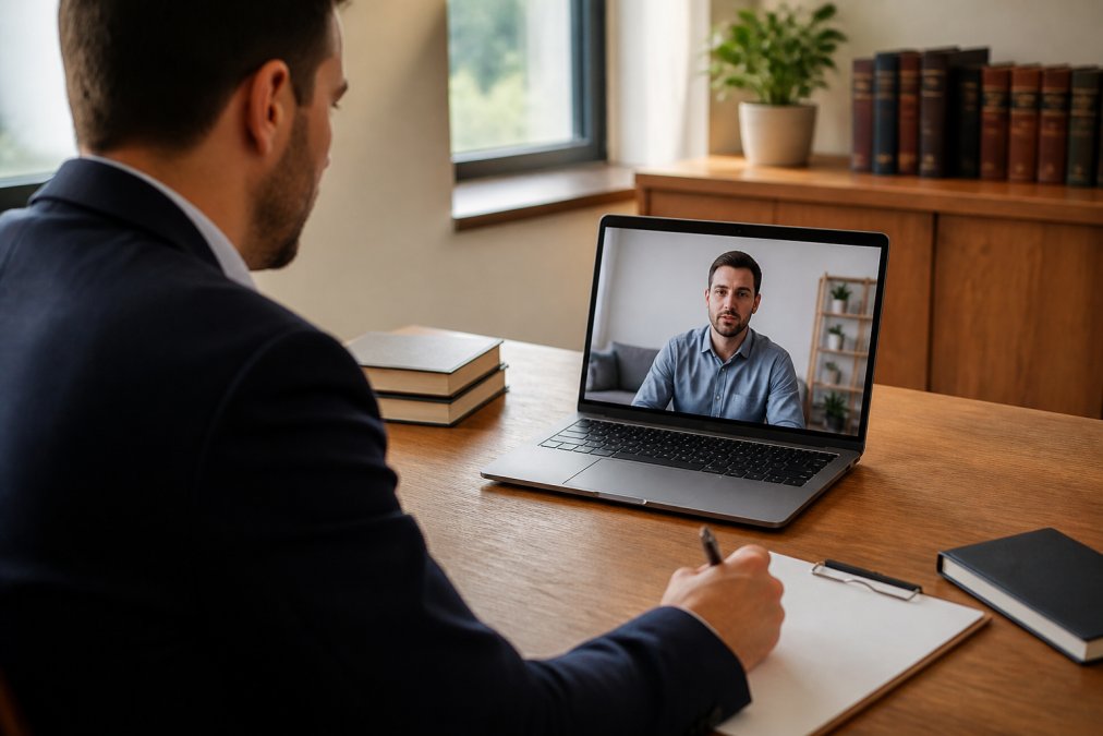 Professional conducting a video conference interview with a witness on a laptop, showing engagement and note-taking in modern office setting with natural lighting