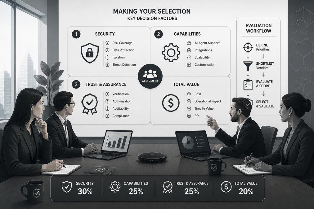 CISO and IT leadership team in a conference room discussing security architecture and vendor evaluation criteria, with laptops and notepads on a wooden table, natural window lighting