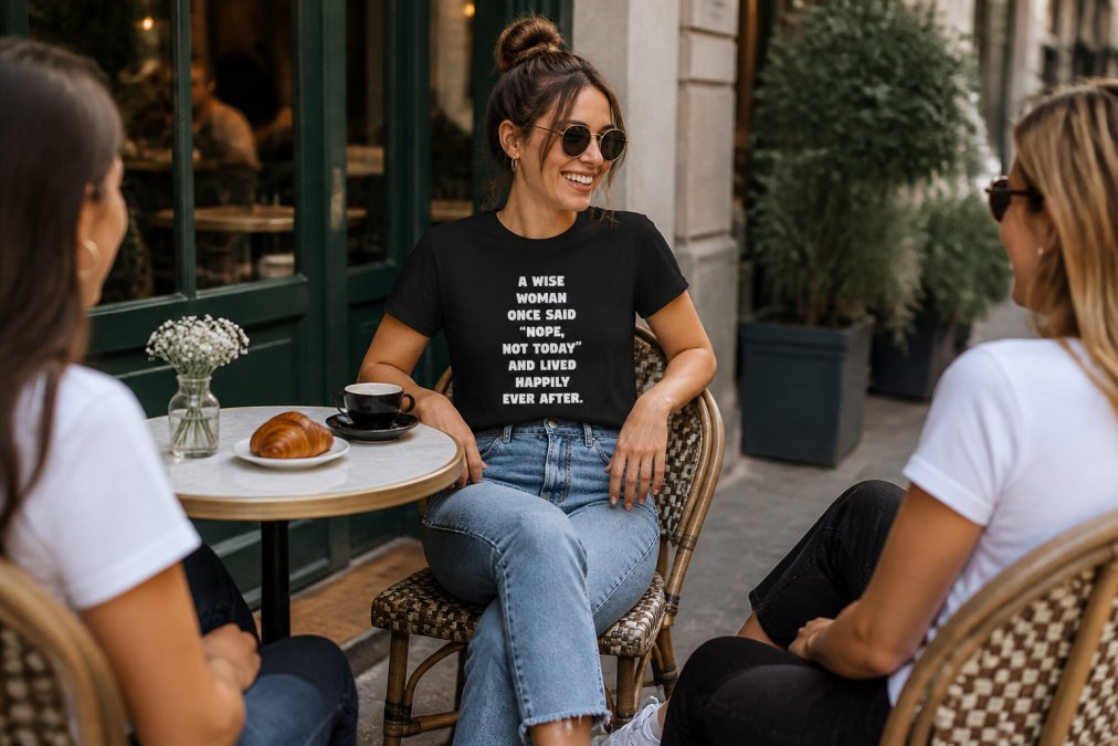 Woman wearing slim-fit graphic tee with "Nope Not Today" design, styled with high-waisted jeans and white sneakers, sitting at outdoor coffee shop with friends