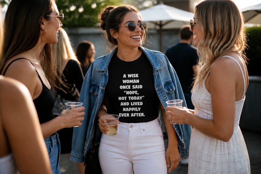 Woman wearing bold graphic tee styled with high-waisted white jeans, denim jacket, and white sneakers, standing at outdoor social gathering with friends in natural sunlight