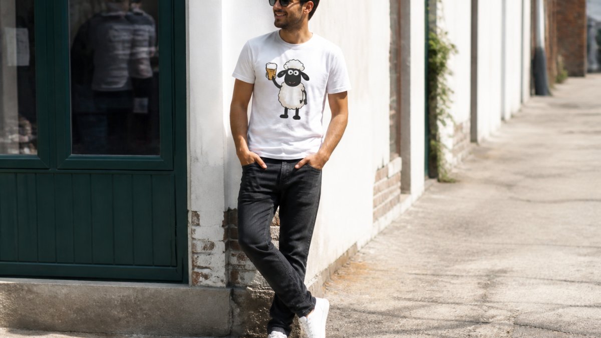 Person wearing a witty slogan graphic t-shirt styled casually with dark jeans and white trainers, relaxed pose standing outdoors in natural daylight