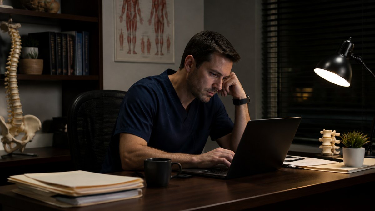 A chiropractor sitting at a desk after office hours, laptop open to a website editor, patient files and a coffee cup nearby, looking tired but focused