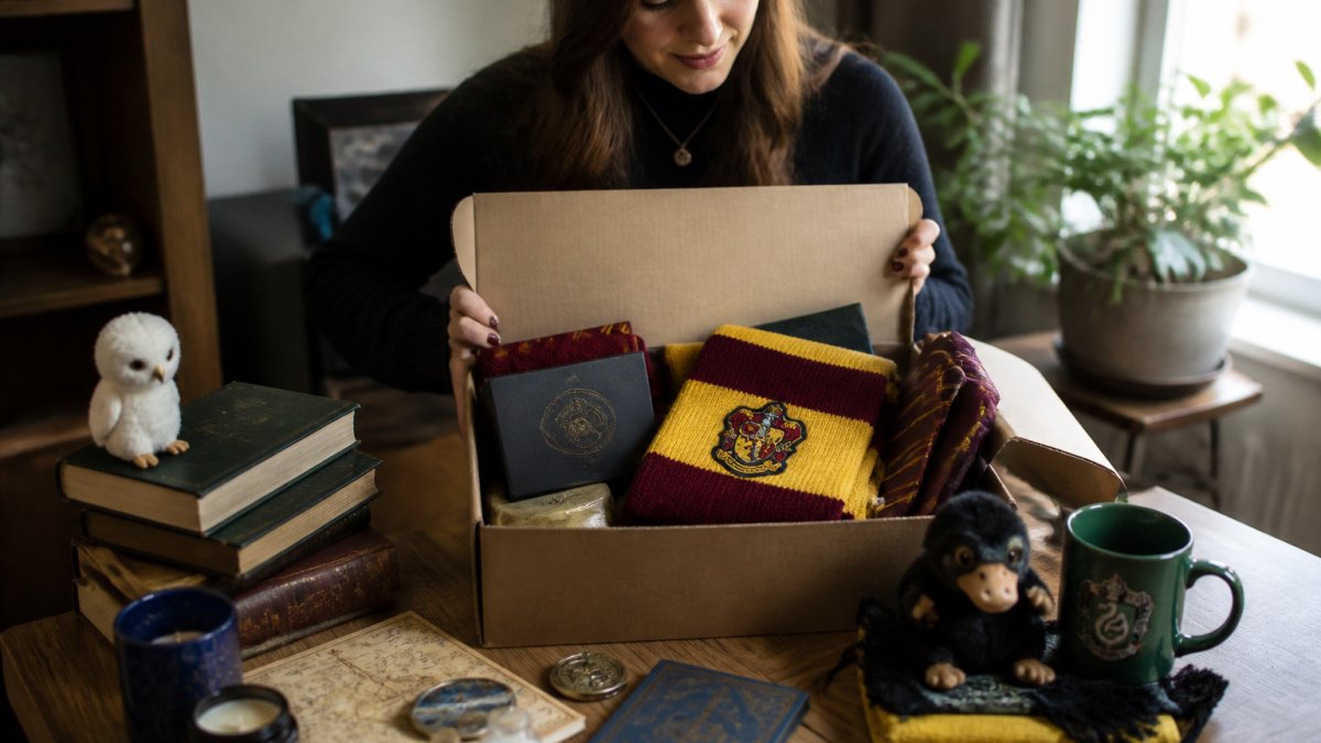 Adult unboxing a themed subscription box filled with collectibles, house pride merchandise, and decorative items spread across a wooden table in natural afternoon light