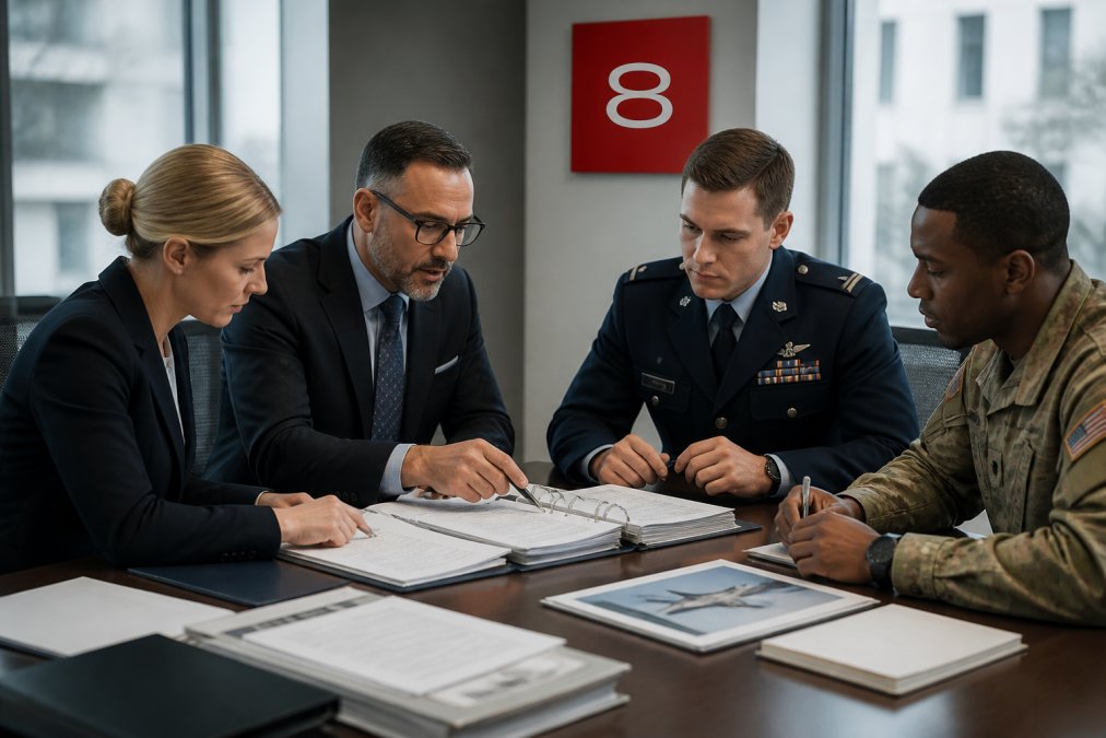 A team of compliance officers reviewing defense contract documents in a secure, modern office with multiple monitors displaying regulatory frameworks