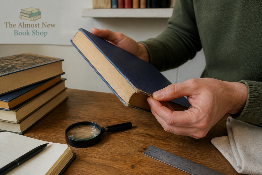 Hands inspecting a used hardcover book for wear as a wob alternative choice