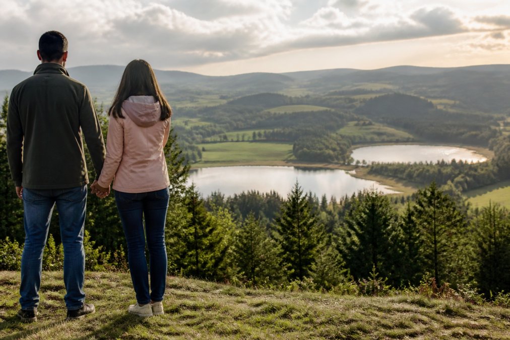 Pár stojí ruku v ruce na idylickém vyhlídkovém místě ve Waldviertelu a dívá se na mírně zvlněnou krajinu s rybníky a lesy