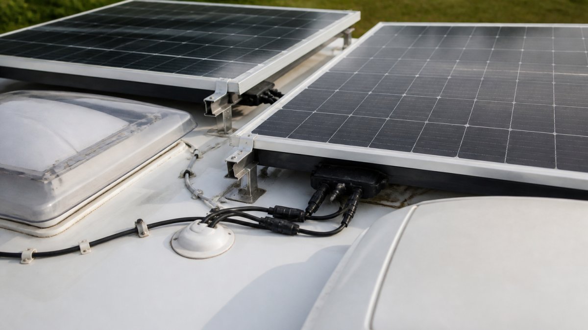 Close-up of solar panels mounted on an RV roof in daylight, showing module connections, wiring, and mounting hardware with clear detail of installation quality