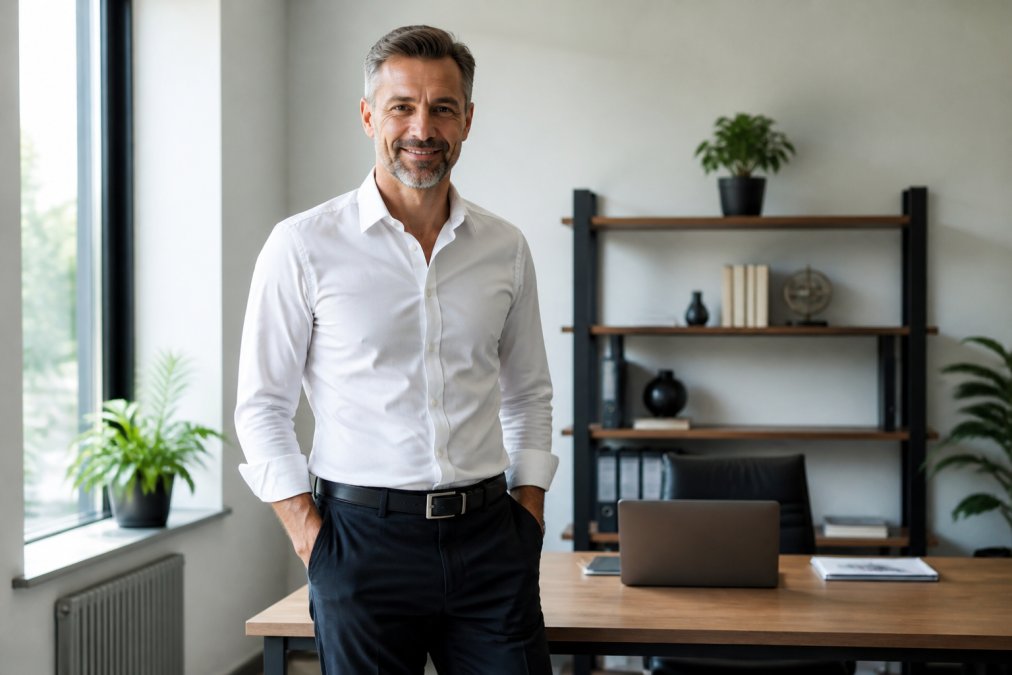 Selbstbewusster Mann in weißem Hemd und Stoffhose im modernen Büro