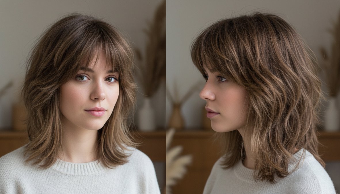 Giovane donna con capelli castani scalati e voluminosi in stile wolf cut, fotografata di fronte e di profilo in luce naturale diffusa, che mostra la struttura del taglio con frangia a tendina e scalature profonde sulle spalle
