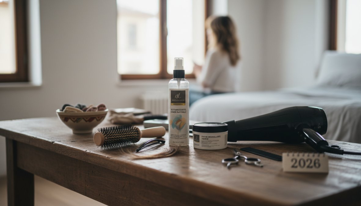 Selezione di prodotti per capelli disposti su un ripiano di marmo bianco in un bagno luminoso: spray texturizzante, mousse in flacone rosa, ferro arricciacapelli conico in acciaio lucido e pettine a denti larghi, illuminati da luce naturale laterale