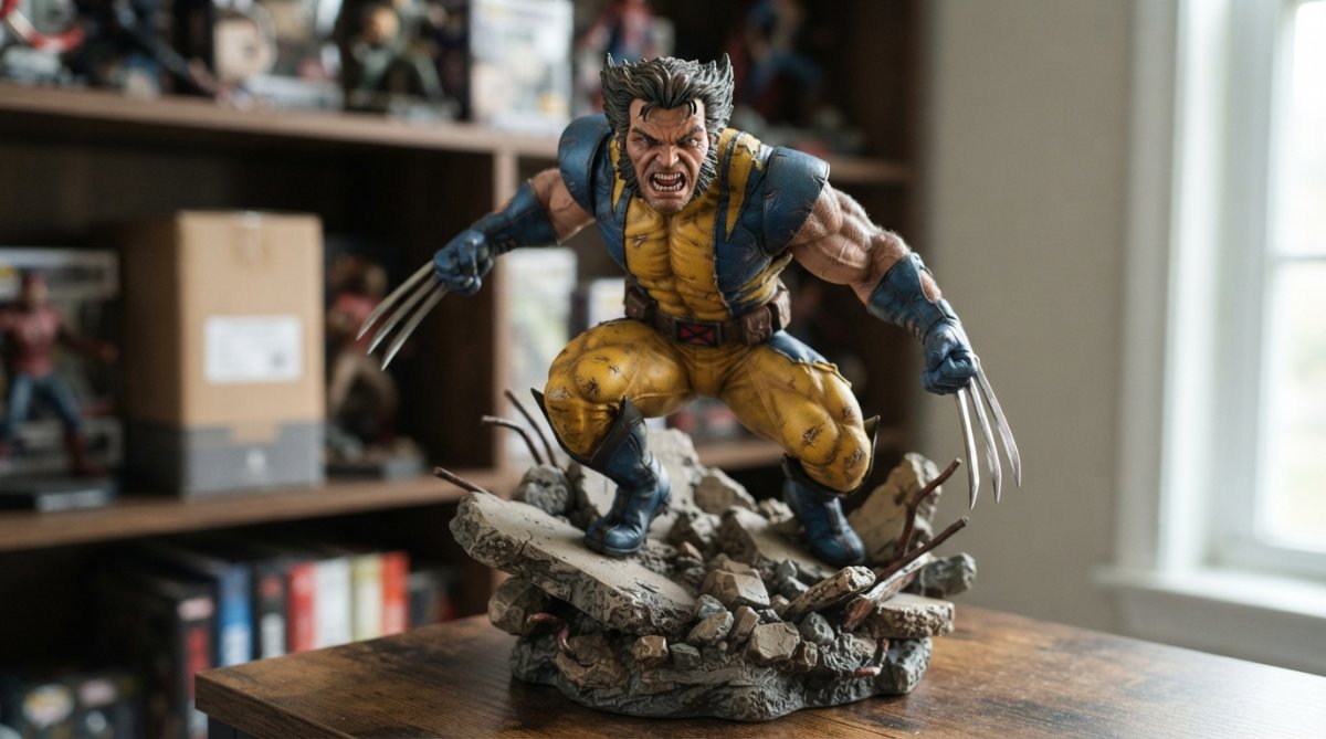 Infographic detailing the sculpting, paint, and pose features of a hand-painted wolverine statue on a debris base.