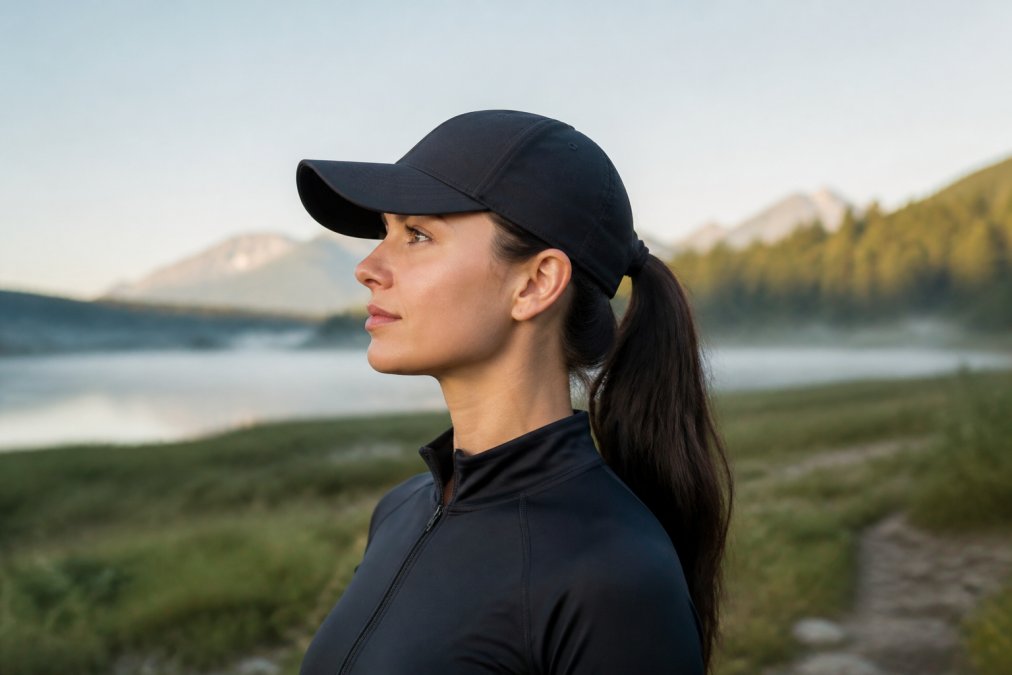 Woman wearing a properly fitted sports cap standing outdoors with good posture, showing how the cap sits level on her head with even spacing at the temples and forehead