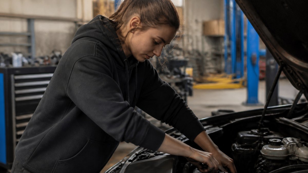 Woman wearing a relaxed-fit automotive hoodie while working on an engine in a garage, showing freedom of movement and comfortable fit during active work with natural workshop lighting