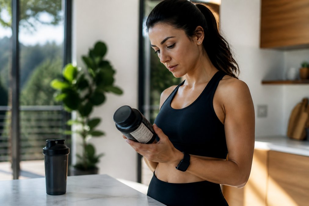 Woman in athletic wear reading supplement label carefully while holding a bottle in bright natural lighting