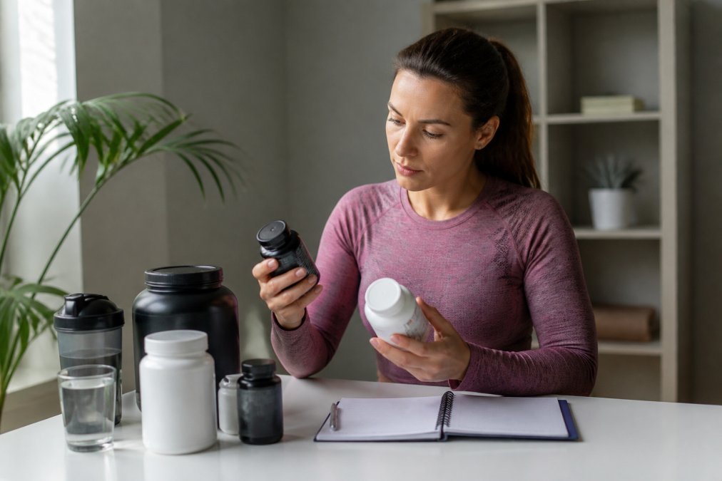 Active woman in moisture-wicking apparel reviewing supplement bottles and wellness products on a clean desk with notebook