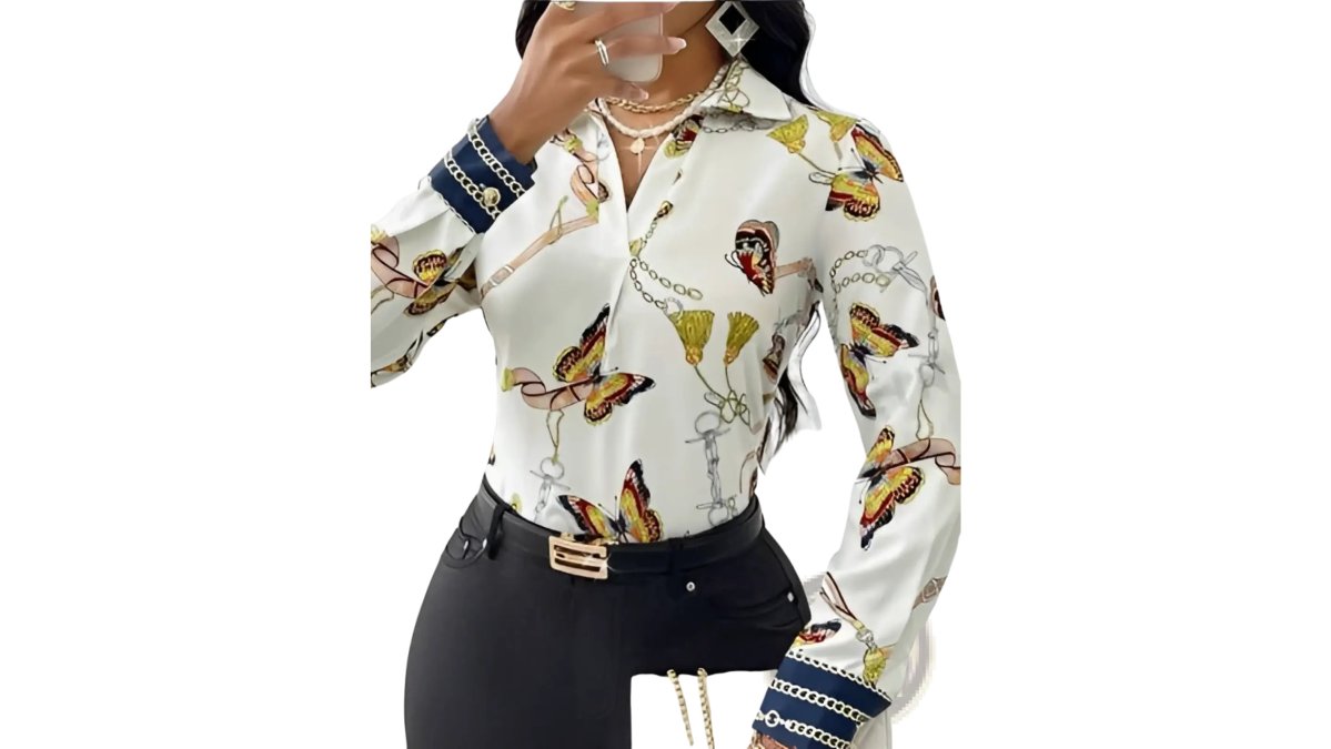 Women's Butterfly and Chain Print Long Sleeve Blouse