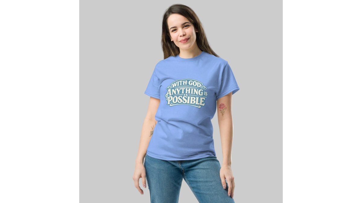 Women’s Faith Graphic T-Shirt – “With God Anything Is Possible” Inspirational Tee