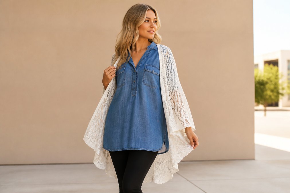 Woman wearing an oversized denim tunic layered over fitted black pants, styled with a lace kimono draped casually over her shoulders, photographed in bright natural daylight against a neutral beige background