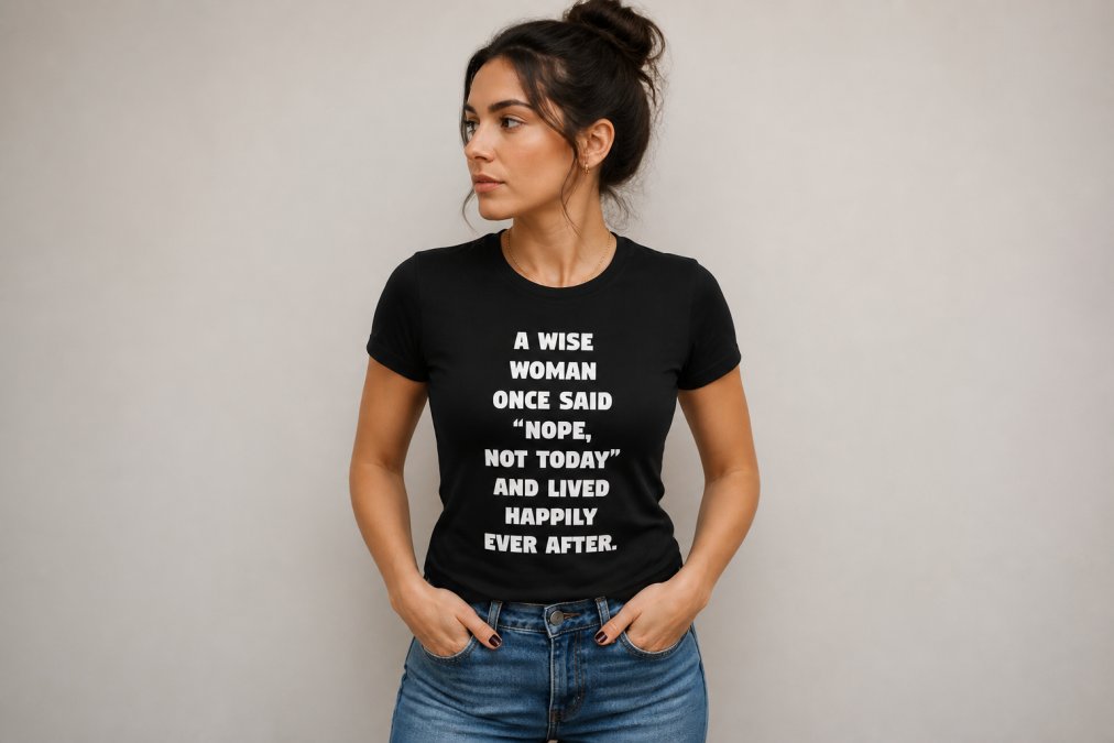 Woman wearing a fitted slim-cut graphic tee with bold design, standing against neutral background showing how the shirt hugs the body without bunching or stretching
