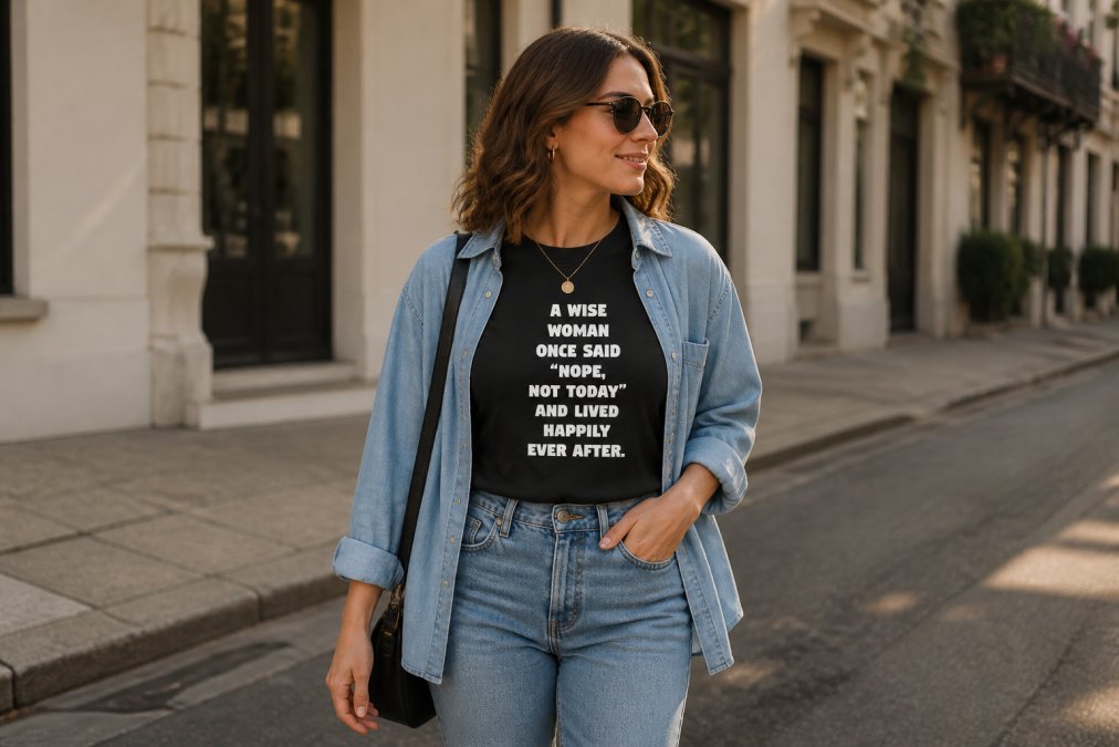 Woman styled in graphic tee layered with open button-up shirt and fitted jeans, demonstrating complete casual streetwear look suitable for both day and evening in natural outdoor lighting
