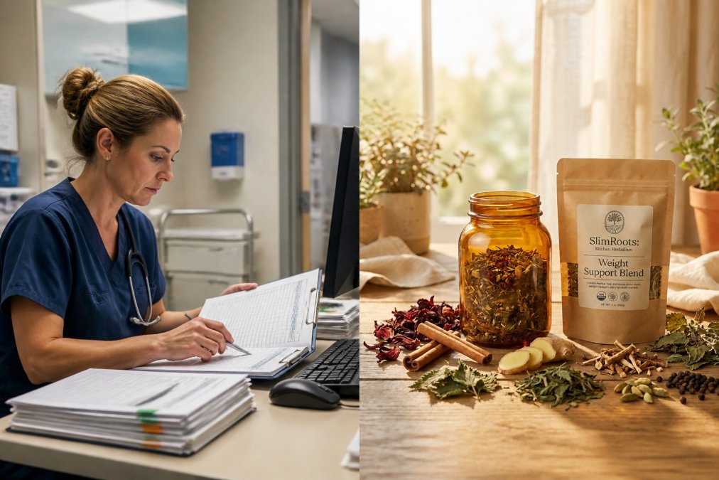 Registered nurse in clinical setting reviewing patient charts and medical records at a desk with computer and stethoscope visible