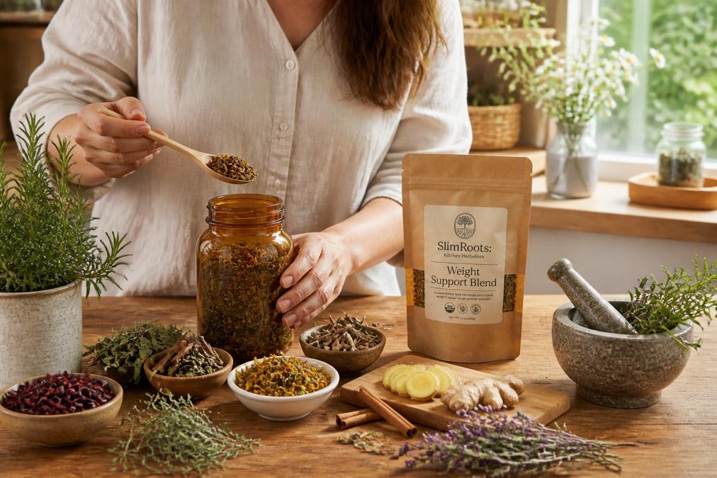 Person preparing herbal tea blend in a home kitchen with fresh herbs, dried botanicals, mortar and pestle on wooden counter