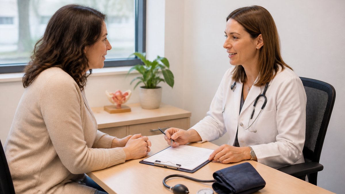 Female patient discussing health with a doctor during women health services Burlington in Ontario checkup