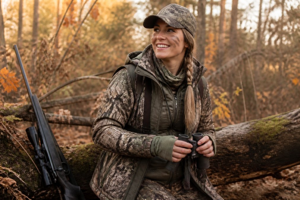 Woman hunter in field wearing properly layered hunting outfit with moisture-wicking base layer visible at wrists, insulated mid-layer with articulated sleeves, and waterproof outer shell in realistic hunting terrain with natural lighting