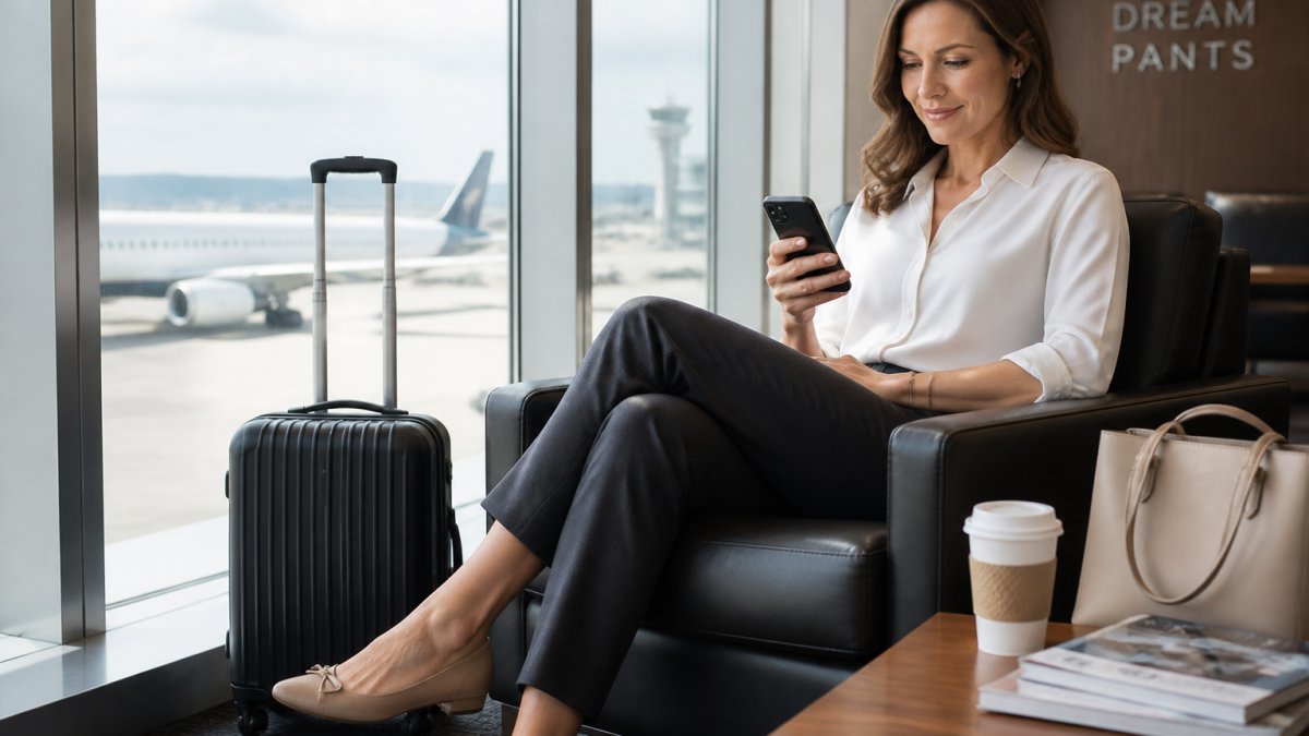 Professional woman wearing well-fitted wrinkle-resistant travel pants in an airport lounge, checking her phone while seated, natural lighting from large windows