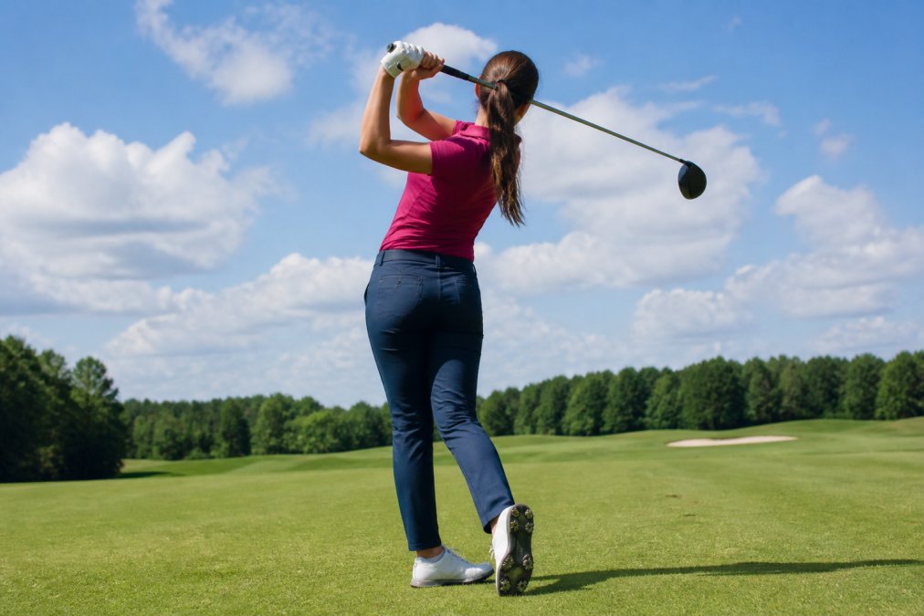 Woman in stretch golf pants demonstrating a golf swing with full follow-through, showing fabric movement through the shoulders, torso, and thighs, with natural daylight on a golf course