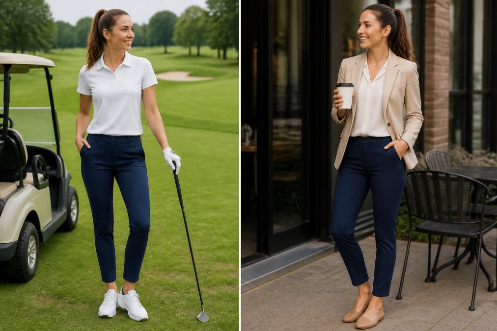 Woman wearing stretch golf pants in a casual setting, transitioning from a golf course background to an office or casual dining environment, showing the same pants styled differently with different shoes and tops