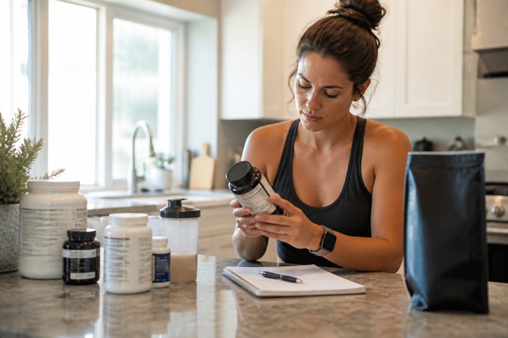 Woman reading supplement labels and ingredient lists at home with natural lighting, examining multiple bottles on a kitchen counter while taking notes