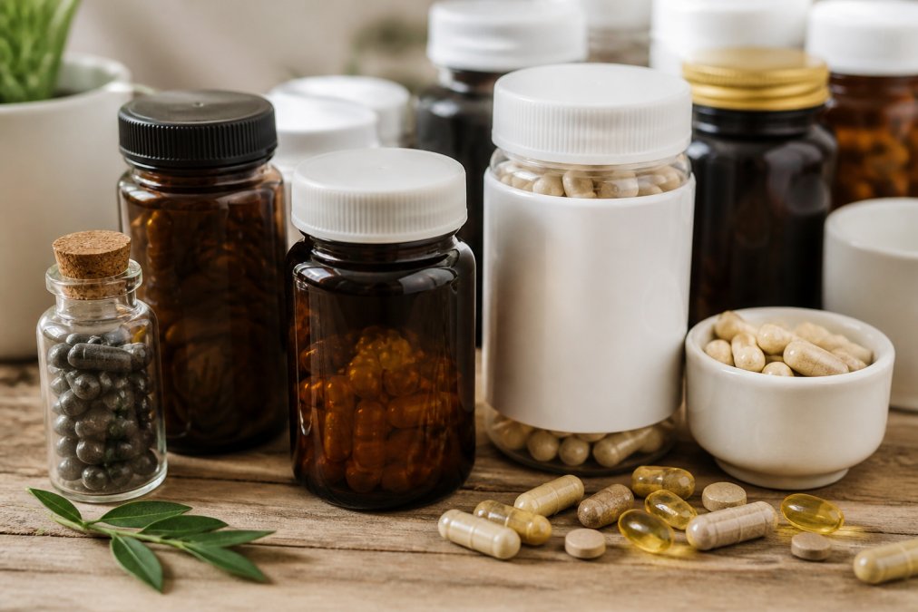 Close-up of various supplement bottles and capsules arranged together, showing clean, minimalist packaging with natural ingredient labels visible