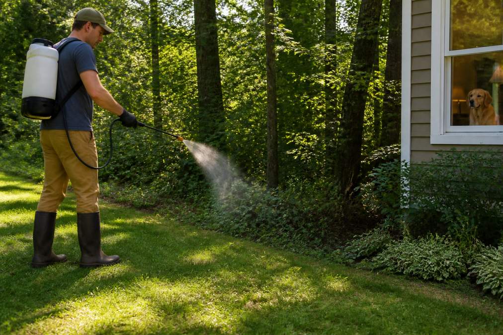Homeowner applying yard spray to lawn perimeter using a pump sprayer, with wooded area visible in background and pet safely indoors