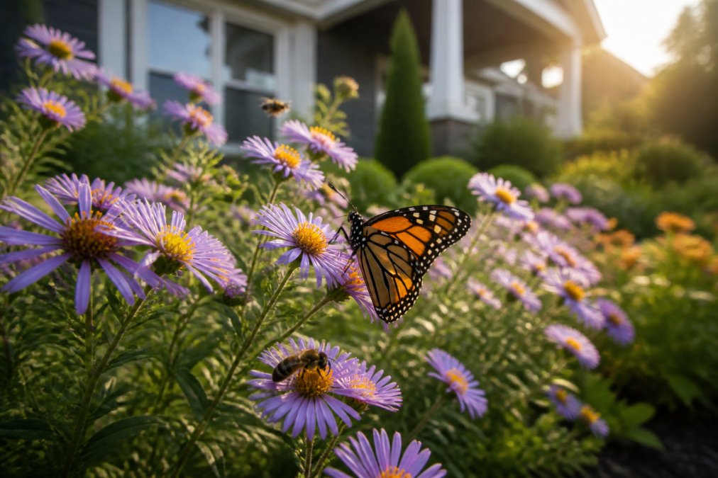 Close-up of bees and butterflies visiting flowering plants in a residential garden during early morning hours