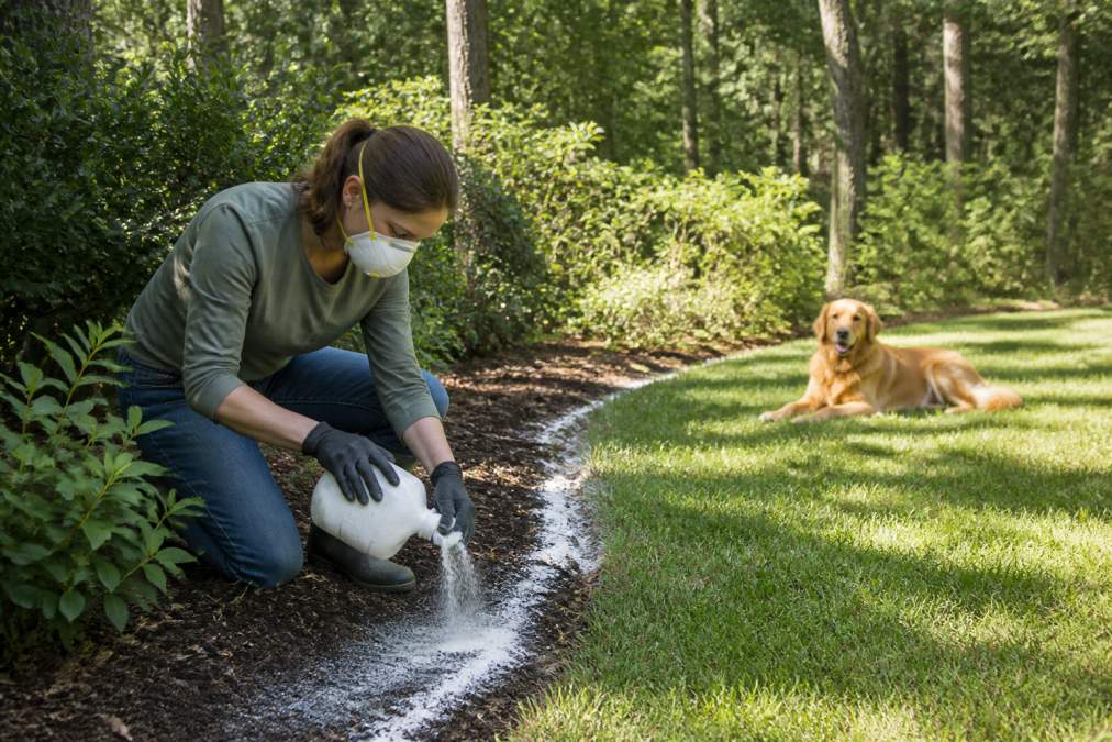 Homeowner wearing protective gloves and mask applying fine white powder (diatomaceous earth) to garden beds near a wooded tree line, with a golden retriever resting on treated grass in the background on a sunny afternoon