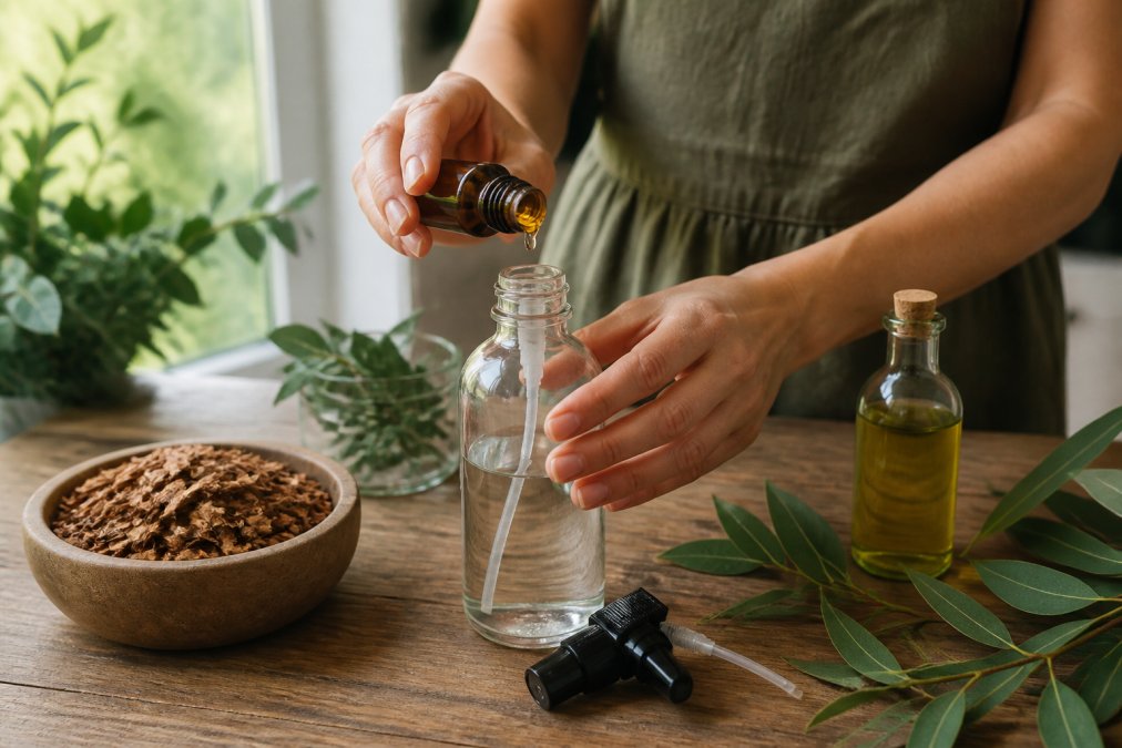 Close-up of hands pouring cedarwood essential oil into a clear glass spray bottle on a wooden surface, with botanical ingredients (dried cedar, eucalyptus leaves, and neem oil bottle) arranged nearby in natural daylight from a window