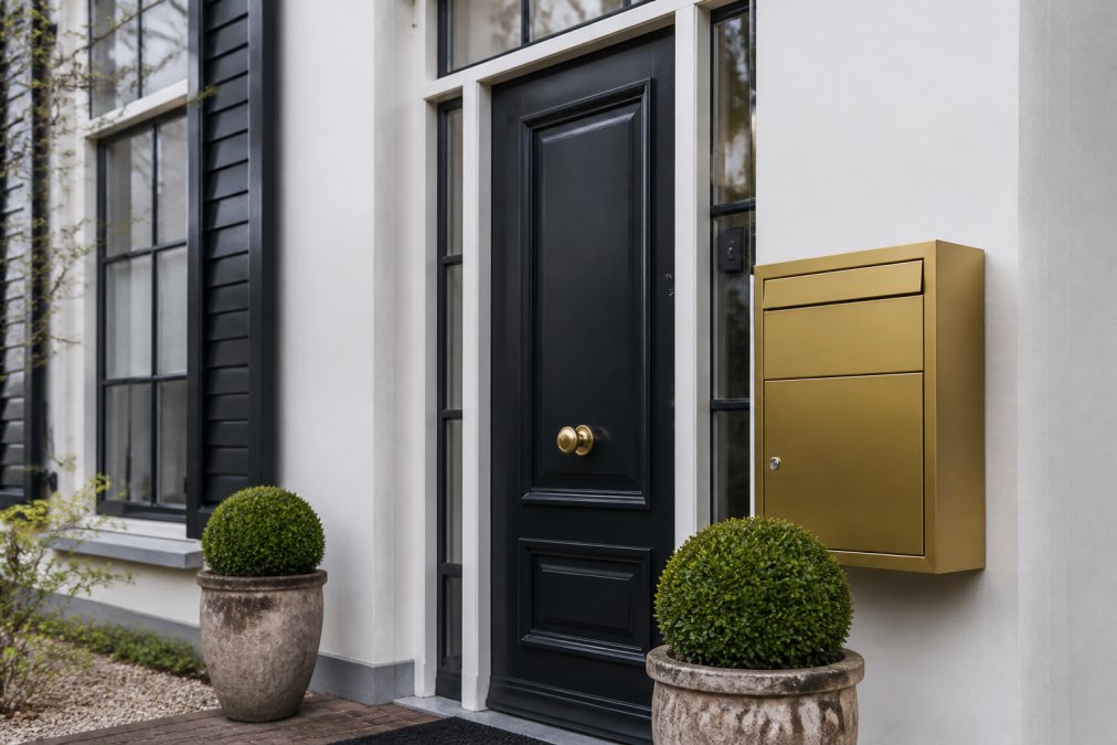 Elegante voordeur met moderne luxe pakketbrievenbus in goud, fraai geplaatst naast geverfd donker kozijn, met huisnummer erop en groene planten aan weerszijden