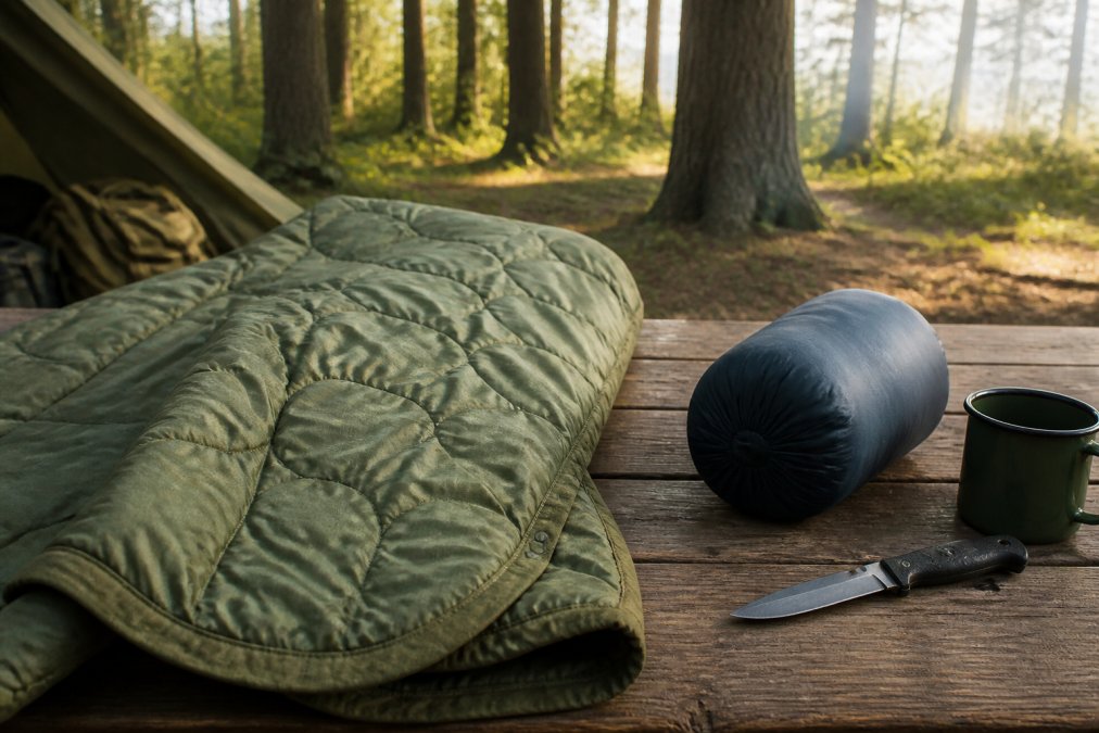 A military-style poncho liner blanket spread open on a wooden camp table beside a compressed down camping blanket in its stuff sack, with a hunting knife and enamel mug nearby, morning light in a wooded campsite
