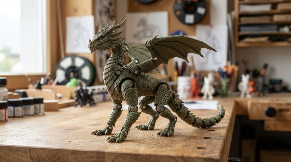 Detailaufnahme einer beweglichen 3D-gedruckten Figur mit sichtbaren Gelenken und feiner Oberflächenstruktur, vor hellem Hintergrund